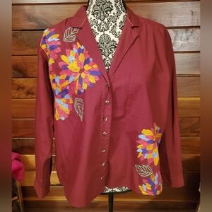 Anthropologie Burgundy Floral Button Down Shirt